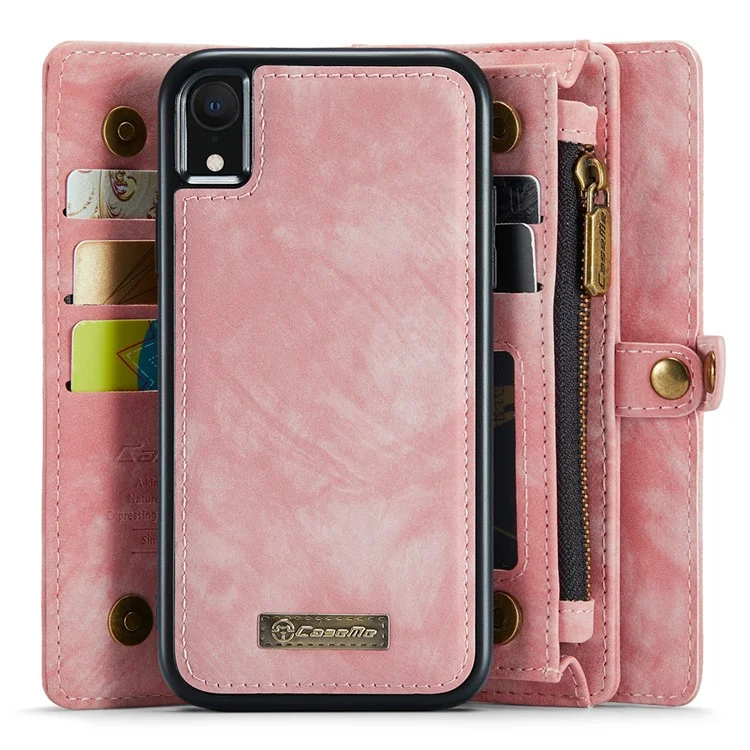 CASEME 008 Series Capa Protetora para iPhone XR 6.1 polegadas, Carteira de Múltiplos Slots 2 em 1 Vintage de Couro PU - Rosa 