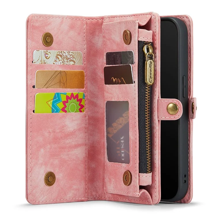 CASEME 008 Series Capa Protetora para iPhone XR 6.1 polegadas, Carteira de Múltiplos Slots 2 em 1 Vintage de Couro PU - Rosa 
