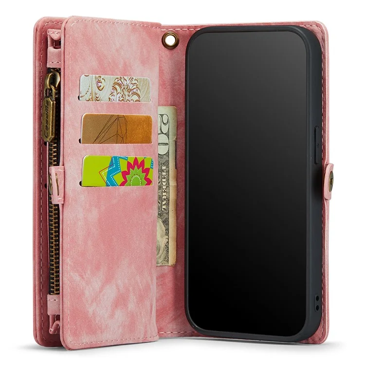 CASEME 008 Series Capa Protetora para iPhone XR 6.1 polegadas, Carteira de Múltiplos Slots 2 em 1 Vintage de Couro PU - Rosa 