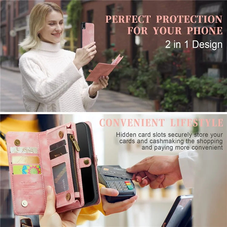 CASEME 008 Series Capa Protetora para iPhone XR 6.1 polegadas, Carteira de Múltiplos Slots 2 em 1 Vintage de Couro PU - Rosa 