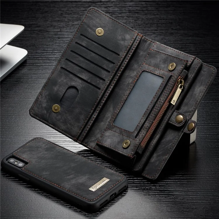 CASEME Vintage PU Leather Detachable 2-in-1 Multi-slot Wallet Casing for iPhone Xs 5.8 inch - Negro
