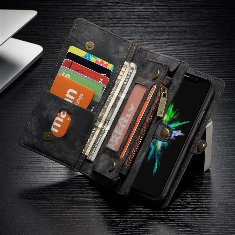 CASEME Vintage PU Leather Detachable 2-in-1 Multi-slot Wallet Casing for iPhone Xs 5.8 inch - Black