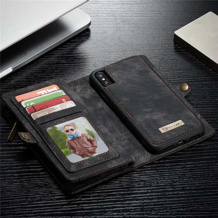 CASEME Vintage PU Leather Detachable 2-in-1 Multi-slot Wallet Casing for iPhone Xs 5.8 inch - Black