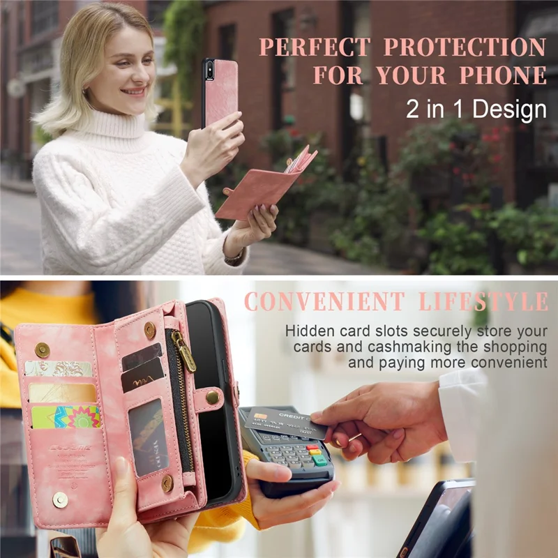 CASEME Vintage PU Leather Detachable 2-in-1 Multi-slot Wallet Casing for iPhone Xs Max 6.5-inch - Pink