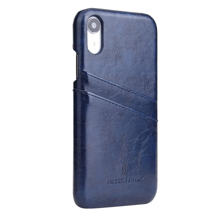 FIERRE SHANN for iPhone XR 6.1-inch Oil Wax Card Holder PU Leather Coated PC Cell Phone Case - Blue