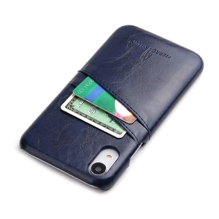 FIERRE SHANN for iPhone XR 6.1-inch Oil Wax Card Holder PU Leather Coated PC Cell Phone Case - Blue