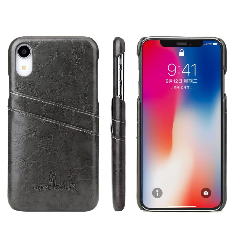 FIERRE SHANN for iPhone XR 6.1-inch Oil Wax Card Holder PU Leather Coated PC Protective Cover - Black