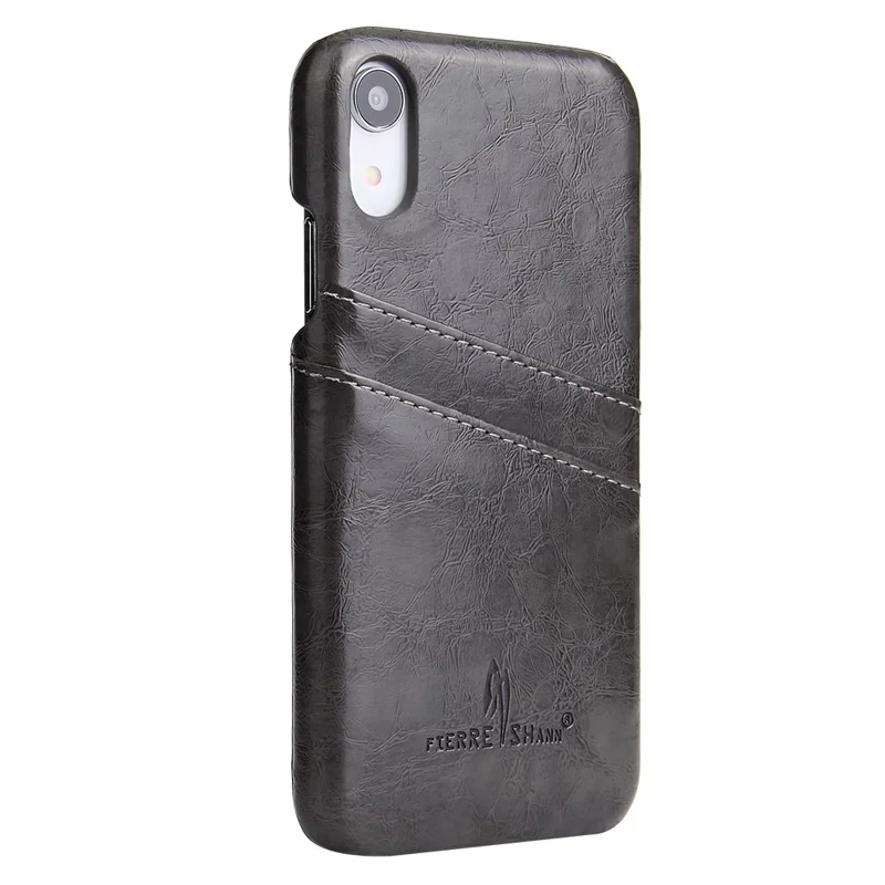 FIERRE SHANN for iPhone XR 6.1-inch Oil Wax Card Holder PU Leather Coated PC Protective Cover - Black
