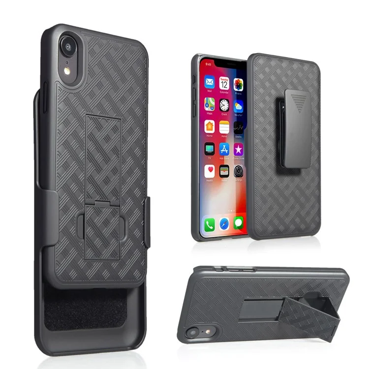 Per iPhone XR 6.1 pollici Woven Texture Swivel Belt Clip Holster PC + TPU Hybrid Case - Nero