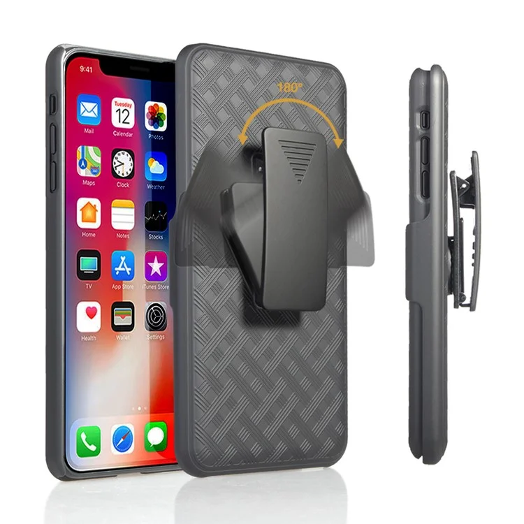Per iPhone XR 6.1 pollici Woven Texture Swivel Belt Clip Holster PC + TPU Hybrid Case - Nero