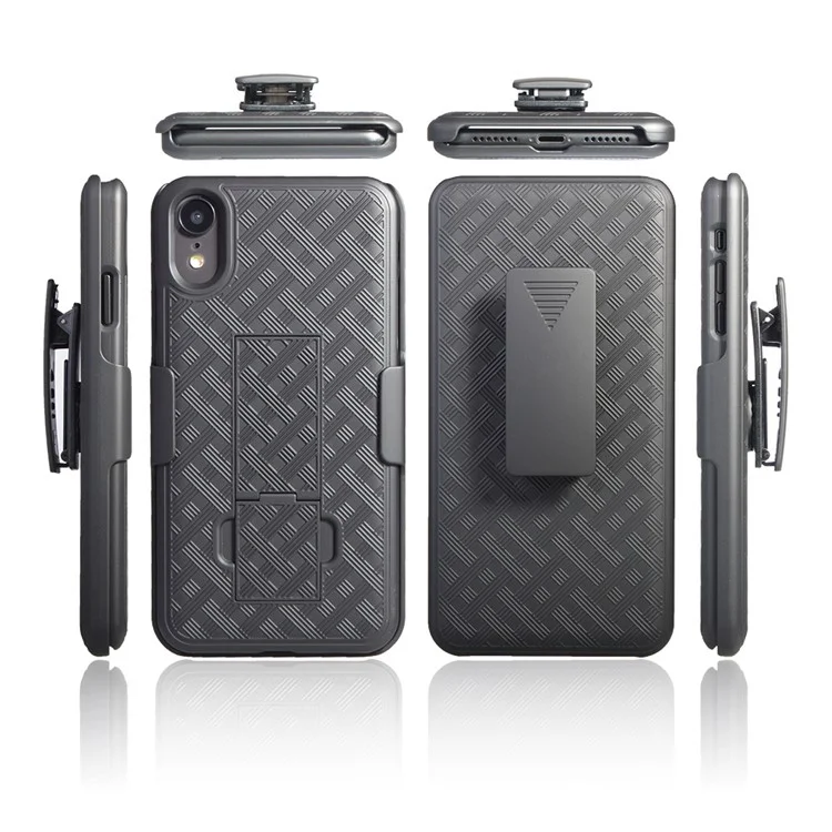 Per iPhone XR 6.1 pollici Woven Texture Swivel Belt Clip Holster PC + TPU Hybrid Case - Nero