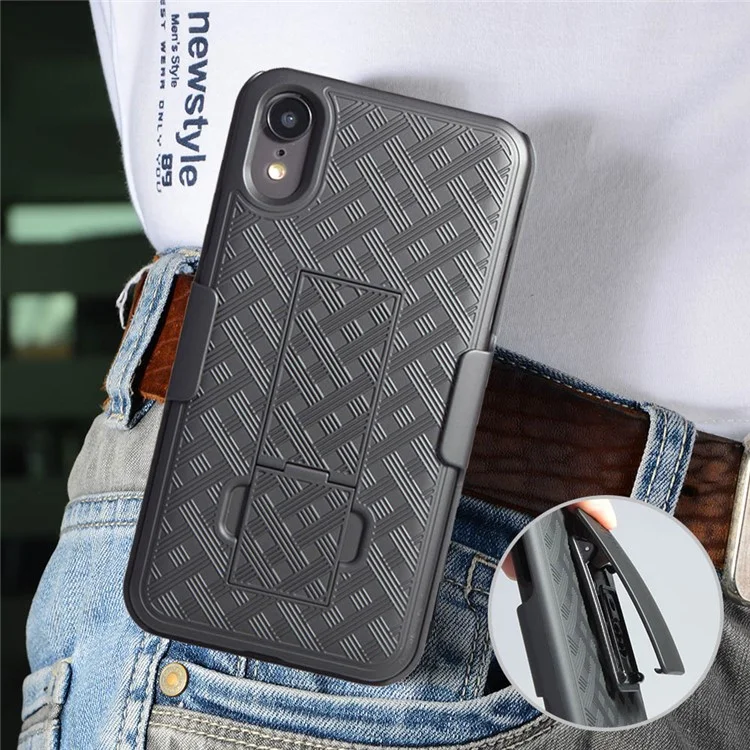 Per iPhone XR 6.1 pollici Woven Texture Swivel Belt Clip Holster PC + TPU Hybrid Case - Nero