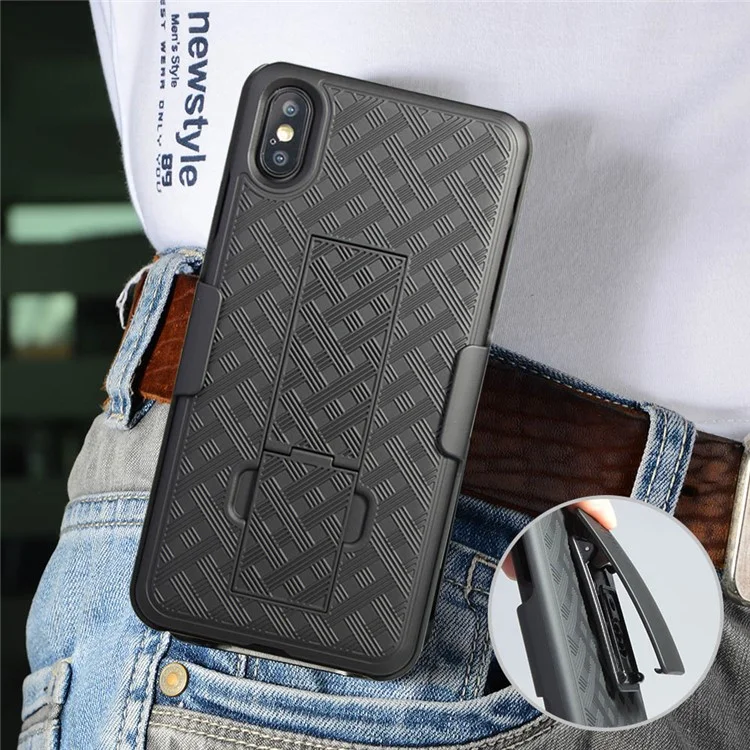 For iPhone XS Max 6.5 inch Woven Texture Swivel Belt Clip Holster PC + TPU Hybrid Cover - Black