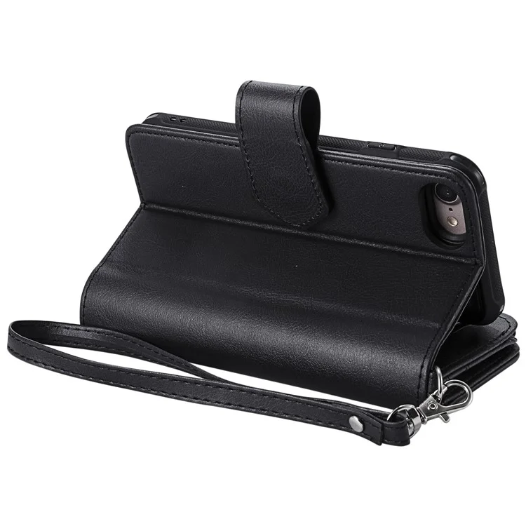 For iPhone SE (2022) / SE (2020)  / 8 / 7 / 6S / 6 Magnetic Leather Case Mobile Cover with Detachable Zipper Wallet Strap - Black