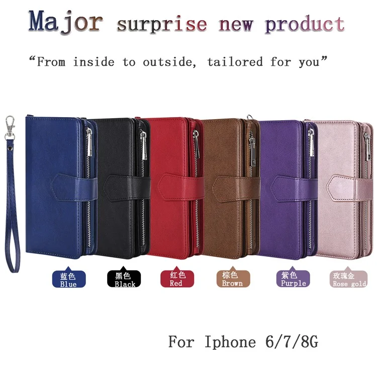 For iPhone SE (2022) / SE (2020)  / 8 / 7 / 6S / 6 Magnetic Leather Case Mobile Cover with Detachable Zipper Wallet Strap - Black