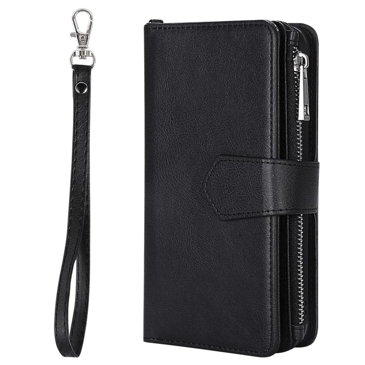 For iPhone SE (2022) / SE (2020)  / 8 / 7 / 6S / 6 Magnetic Leather Case Mobile Cover with Detachable Zipper Wallet Strap - Black