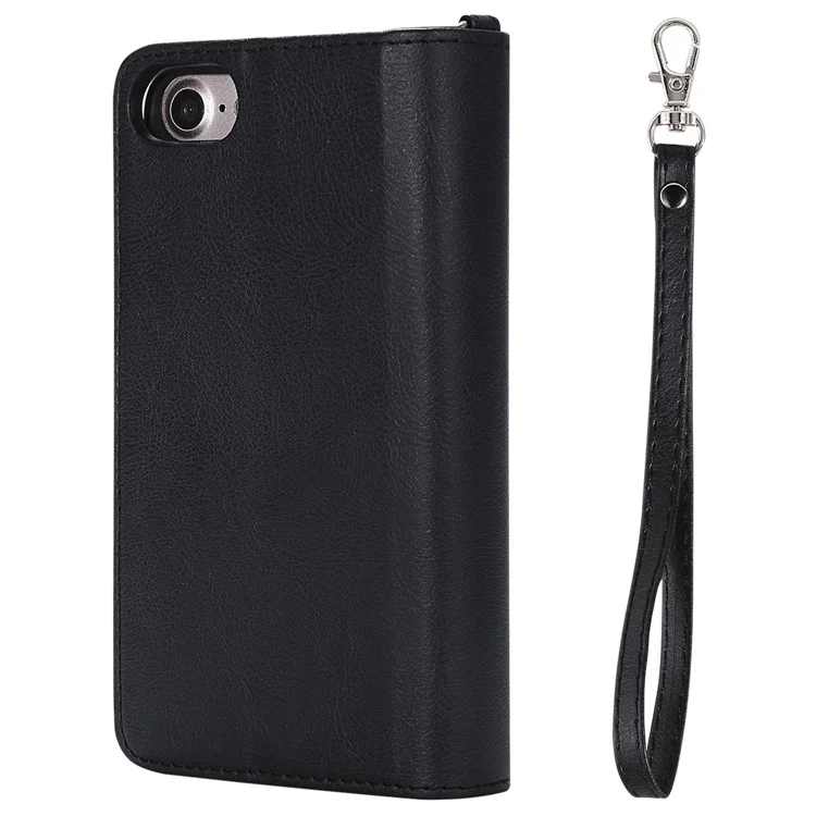 For iPhone SE (2022) / SE (2020)  / 8 / 7 / 6S / 6 Magnetic Leather Case Mobile Cover with Detachable Zipper Wallet Strap - Black