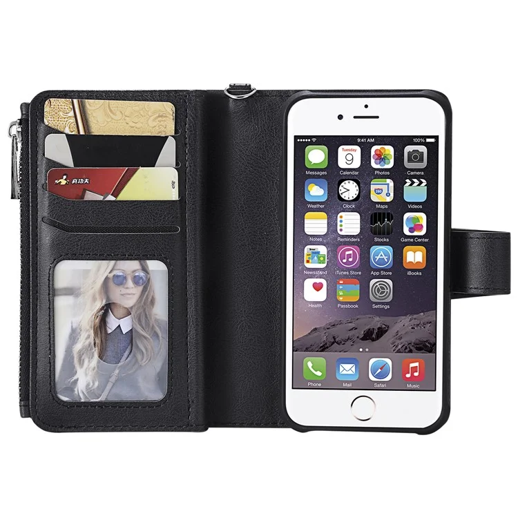 For iPhone SE (2022) / SE (2020)  / 8 / 7 / 6S / 6 Magnetic Leather Case Mobile Cover with Detachable Zipper Wallet Strap - Black