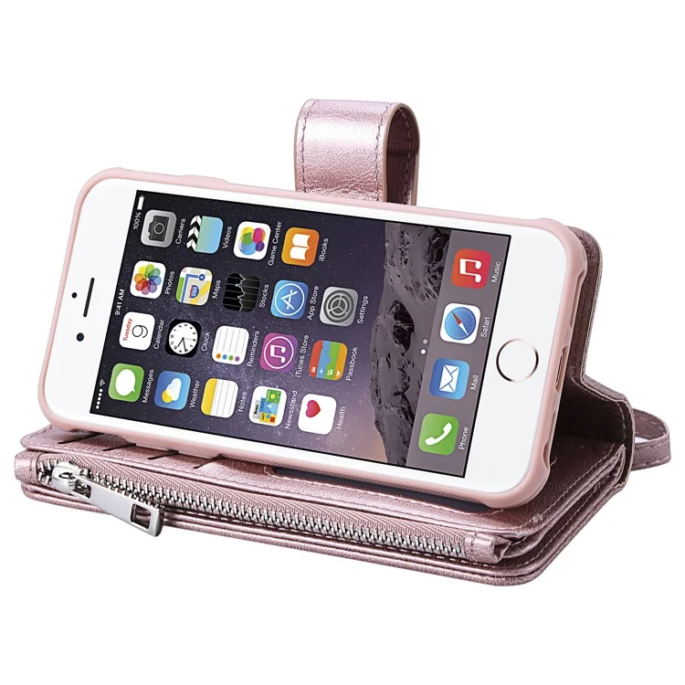 Série KT Multi-funcional-4 Destacável 2-em-1 TPU + Zipper Wallet Stand Capa de Couro PU Portátil para iPhone 6s/6/7/SE (2020)/SE (2022)/8 4.7 polegadas - Rose Gold