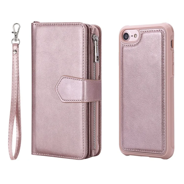 Série KT Multi-funcional-4 Destacável 2-em-1 TPU + Zipper Wallet Stand Capa de Couro PU Portátil para iPhone 6s/6/7/SE (2020)/SE (2022)/8 4.7 polegadas - Rose Gold
