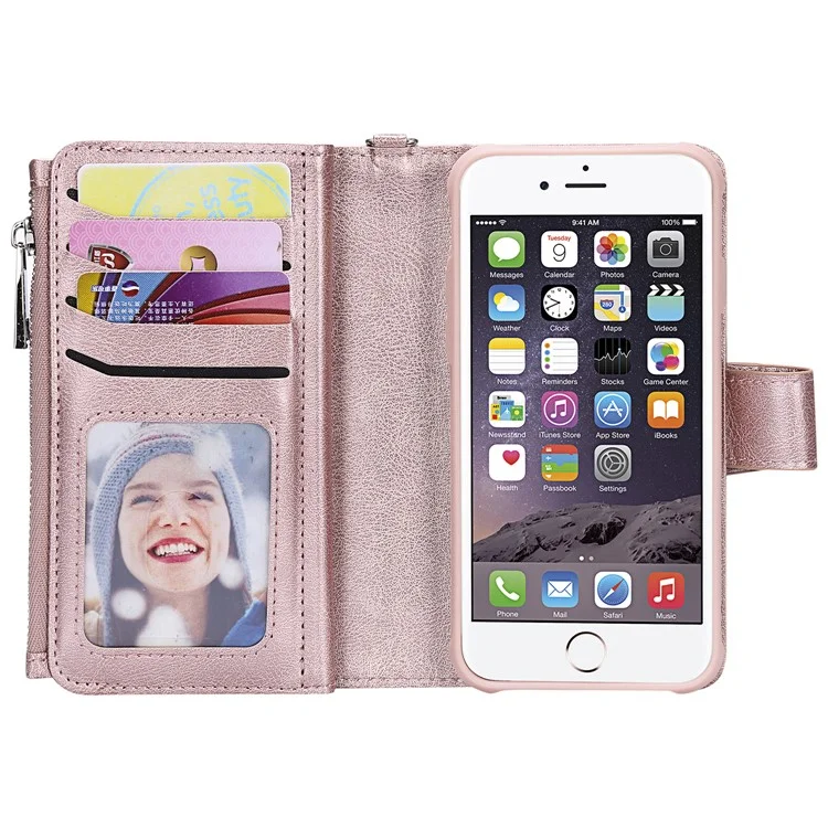 Série KT Multi-funcional-4 Destacável 2-em-1 TPU + Zipper Wallet Stand Capa de Couro PU Portátil para iPhone 6s/6/7/SE (2020)/SE (2022)/8 4.7 polegadas - Rose Gold