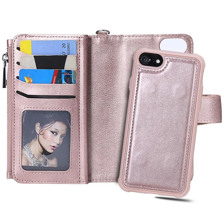 Série KT Multi-funcional-4 Destacável 2-em-1 TPU + Zipper Wallet Stand Capa de Couro PU Portátil para iPhone 6s/6/7/SE (2020)/SE (2022)/8 4.7 polegadas - Rose Gold