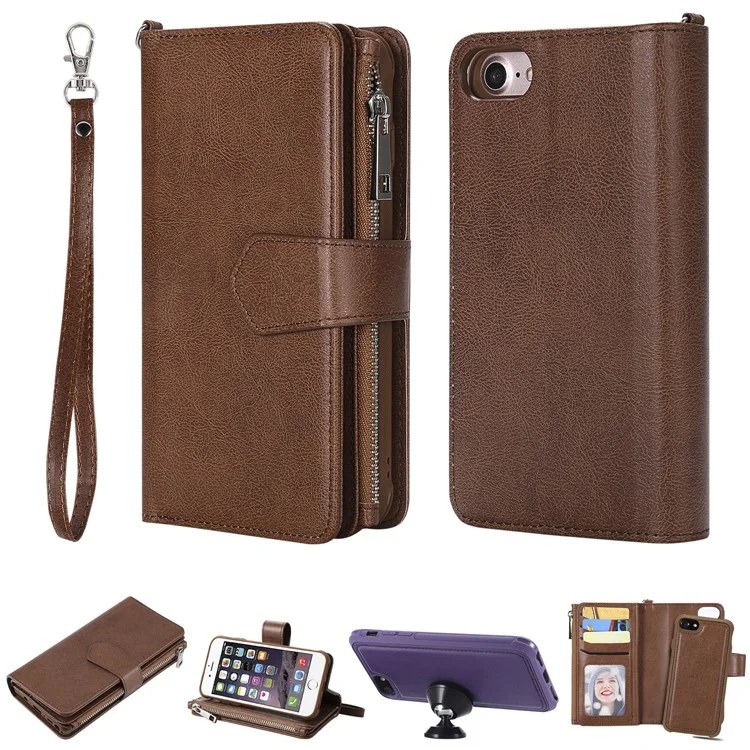 For iPhone SE (2022) / SE (2020)  / 8 / 7 / 6S / 6 Magnetic Leather Case Mobile Cover with Detachable Zipper Wallet Strap - Brown