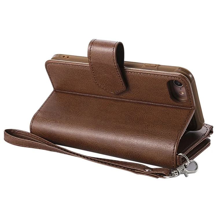 For iPhone SE (2022) / SE (2020)  / 8 / 7 / 6S / 6 Magnetic Leather Case Mobile Cover with Detachable Zipper Wallet Strap - Brown