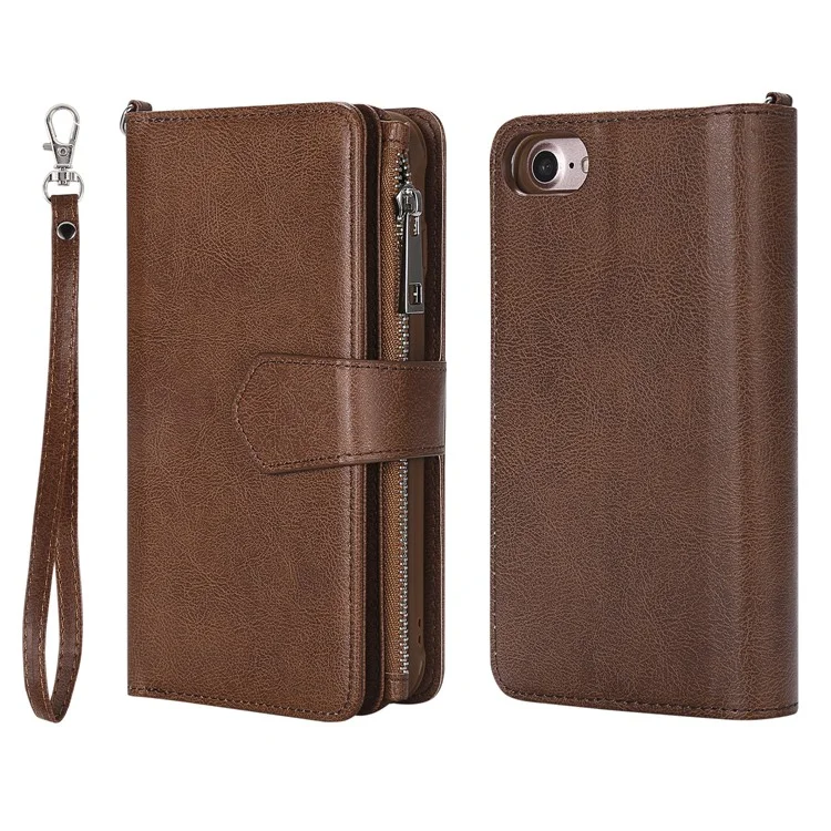 For iPhone SE (2022) / SE (2020)  / 8 / 7 / 6S / 6 Magnetic Leather Case Mobile Cover with Detachable Zipper Wallet Strap - Brown