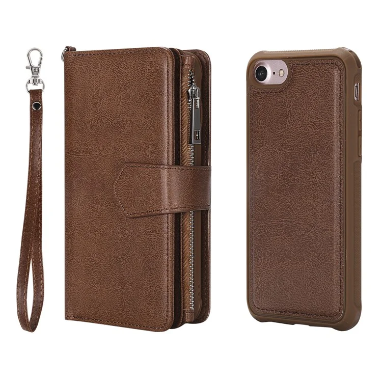 For iPhone SE (2022) / SE (2020)  / 8 / 7 / 6S / 6 Magnetic Leather Case Mobile Cover with Detachable Zipper Wallet Strap - Brown