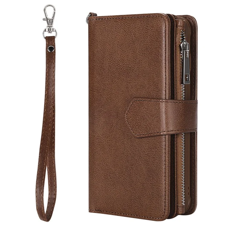 For iPhone SE (2022) / SE (2020)  / 8 / 7 / 6S / 6 Magnetic Leather Case Mobile Cover with Detachable Zipper Wallet Strap - Brown
