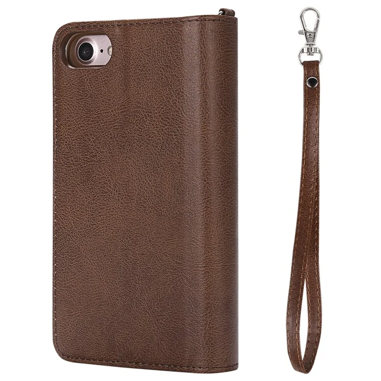 For iPhone SE (2022) / SE (2020)  / 8 / 7 / 6S / 6 Magnetic Leather Case Mobile Cover with Detachable Zipper Wallet Strap - Brown