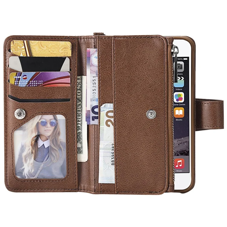 For iPhone SE (2022) / SE (2020)  / 8 / 7 / 6S / 6 Magnetic Leather Case Mobile Cover with Detachable Zipper Wallet Strap - Brown