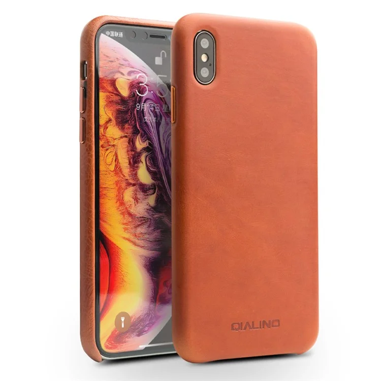 Corps De Téléphone Plastique Revêtu En Cuir Véritable Qialino Pour IPhone XS Max 6,5 Pouces - Marron