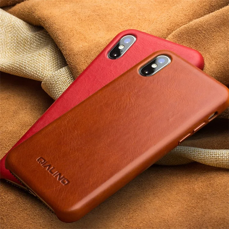 Corps De Téléphone Plastique Revêtu En Cuir Véritable Qialino Pour IPhone XS Max 6,5 Pouces - Marron