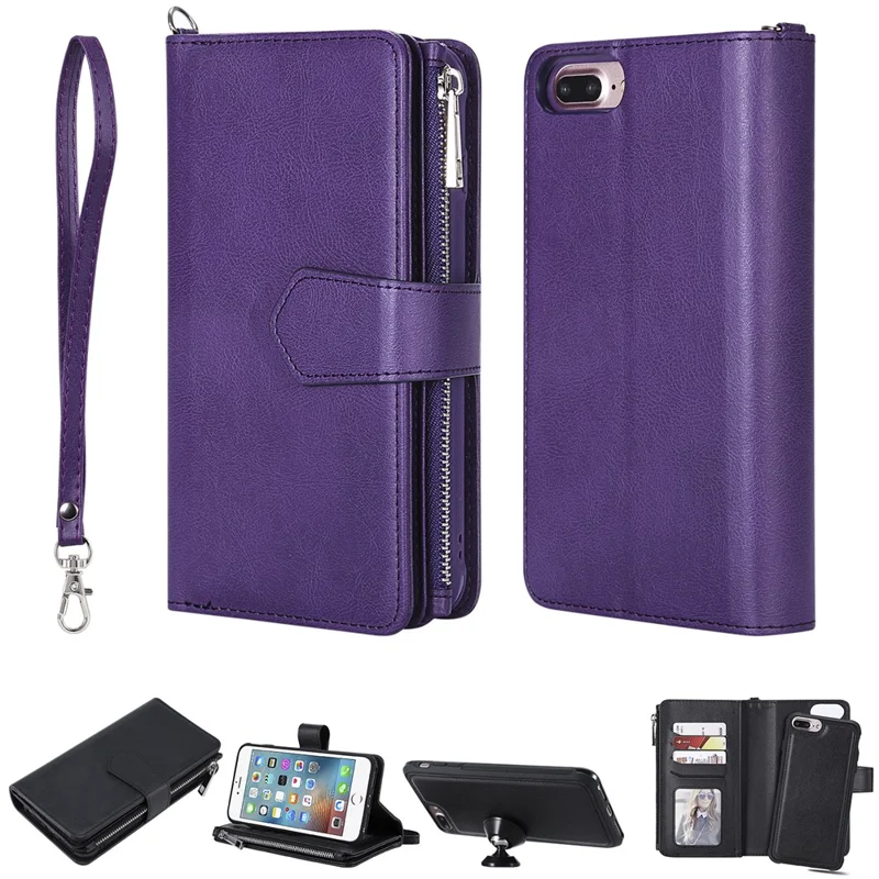 For iPhone 8 Plus / 7 Plus / 6s Plus / 6 Plus KT Multi-functional Series-4 Detachable 2-in-1 TPU + Zipper Wallet Stand Leather Portable Case - Purple