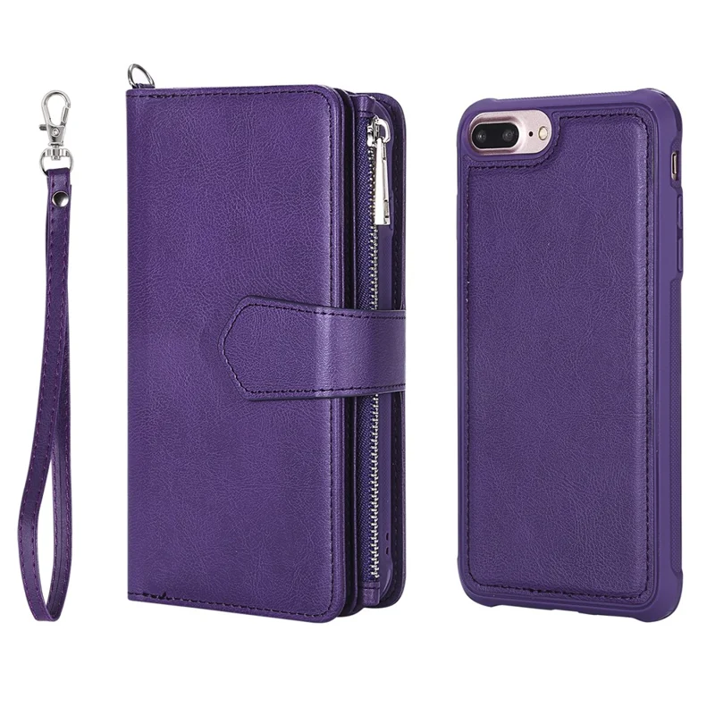 For iPhone 8 Plus / 7 Plus / 6s Plus / 6 Plus KT Multi-functional Series-4 Detachable 2-in-1 TPU + Zipper Wallet Stand Leather Portable Case - Purple