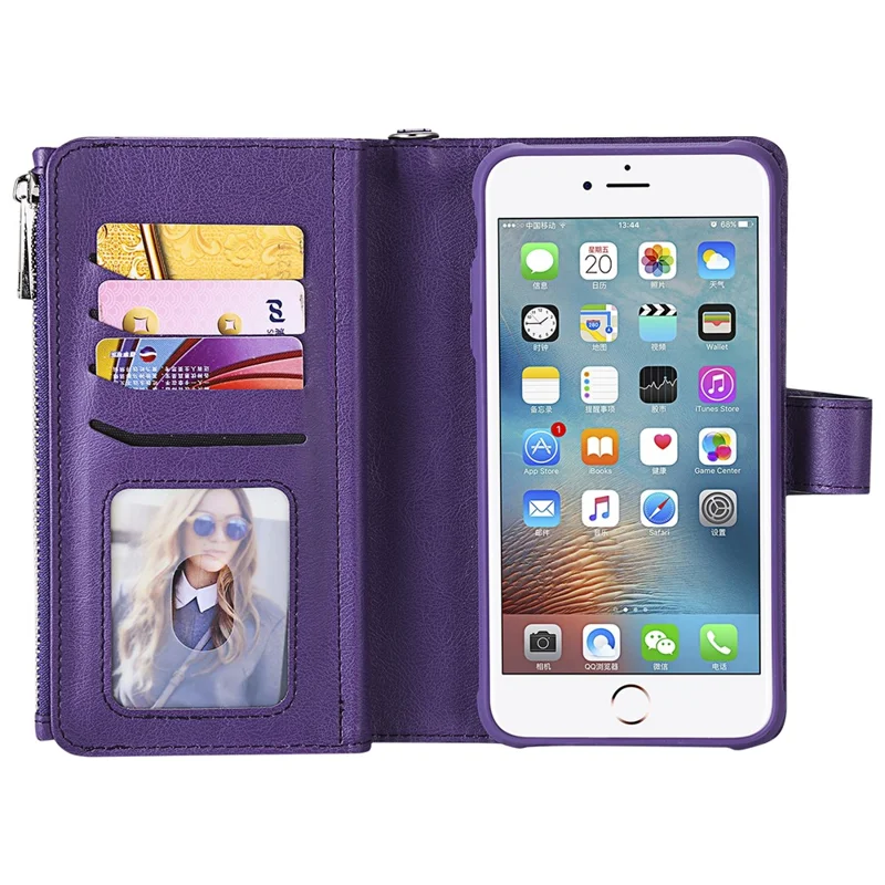 For iPhone 8 Plus / 7 Plus / 6s Plus / 6 Plus KT Multi-functional Series-4 Detachable 2-in-1 TPU + Zipper Wallet Stand Leather Portable Case - Purple