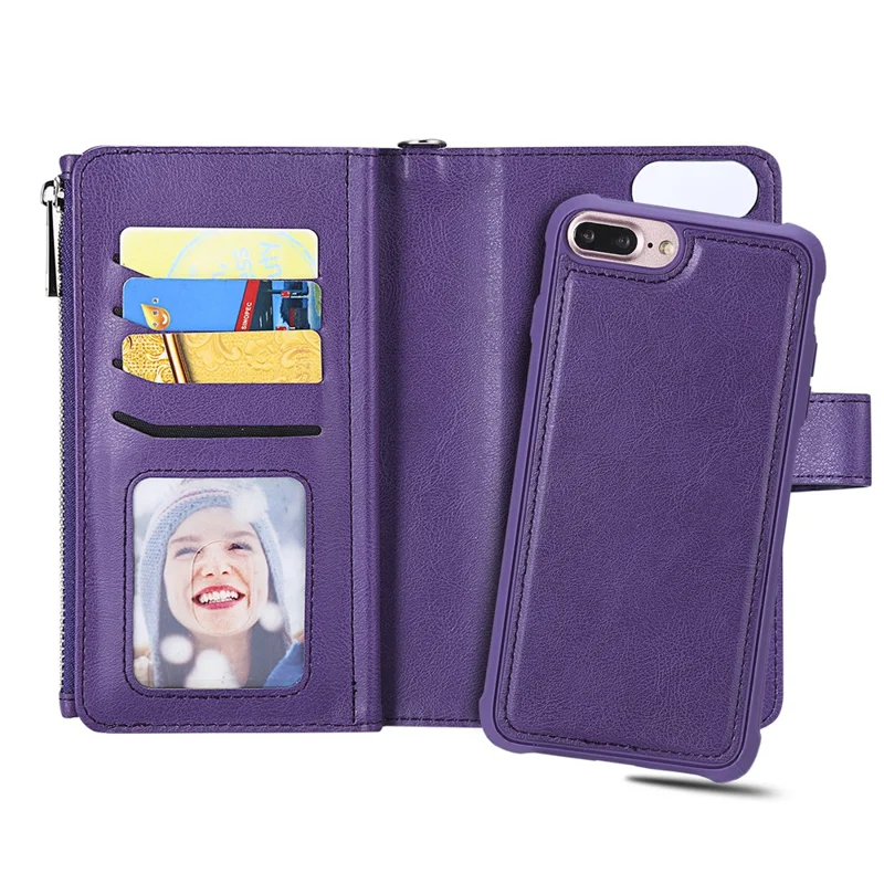 For iPhone 8 Plus / 7 Plus / 6s Plus / 6 Plus KT Multi-functional Series-4 Detachable 2-in-1 TPU + Zipper Wallet Stand Leather Portable Case - Purple