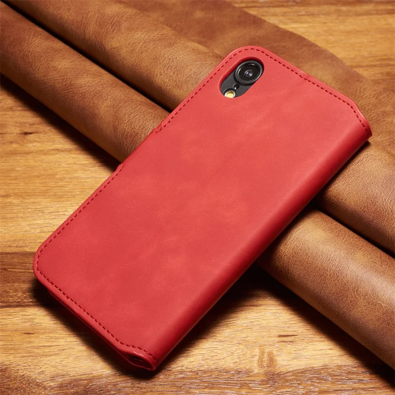 DG.MING Retro Style Leather Stand Shell with Card Slots for iPhone XR 6.1 inch - Red