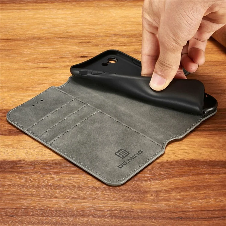 Carteira de Estilo Retrô DG.MING Capa de Celular para iPhone 7/8/SE (2022)/SE (2020) Estojo de Couro com Suporte - Cinza