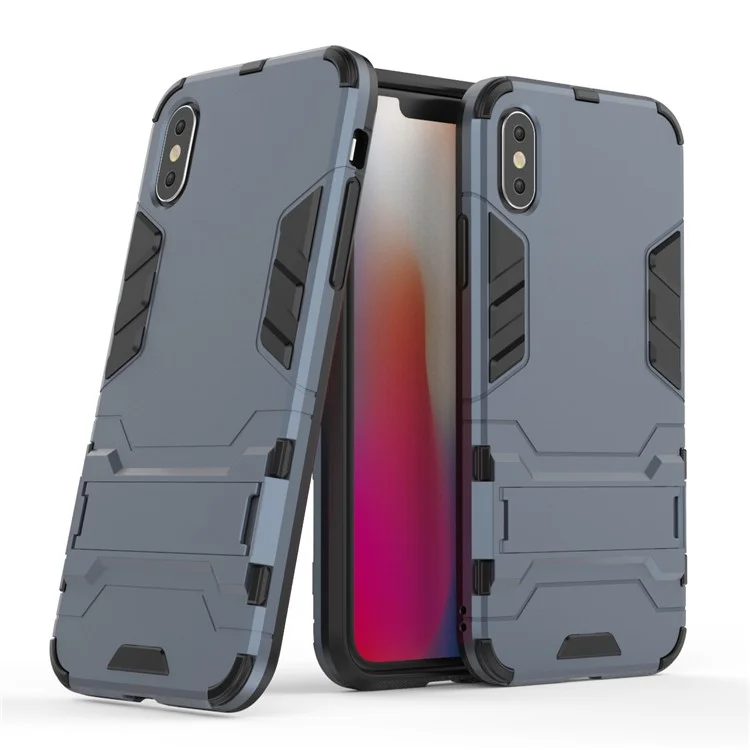 Cool Guard Plastic TPU Hybrid Protection Case with Kickstand for iPhone XS 5.8 inch - Dark Blue