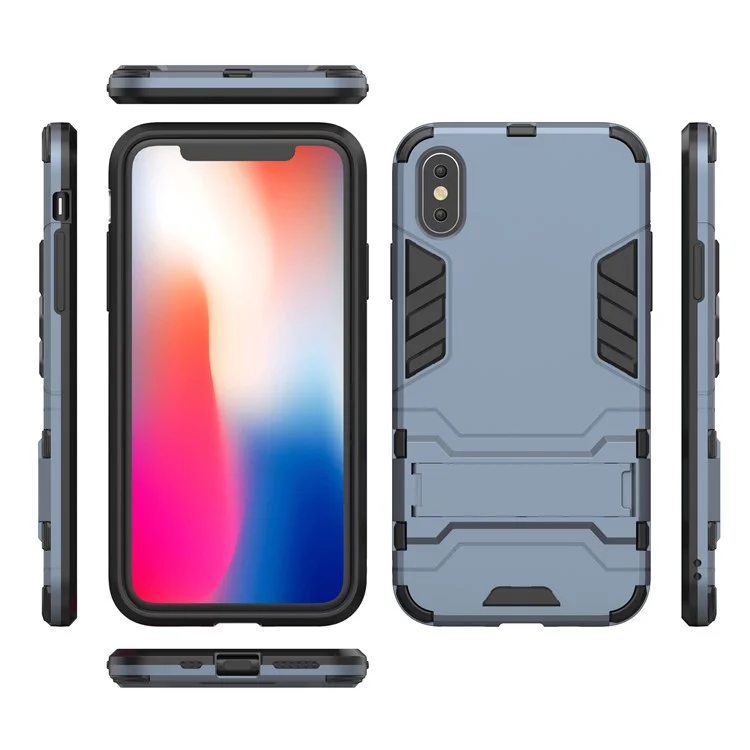 Cool Guard Plastic TPU Hybrid Protection Case with Kickstand for iPhone XS 5.8 inch - Dark Blue