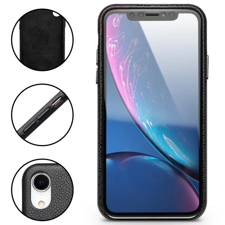 QIALINO Capa Traseira de Pele de Bezerro Genuína com Textura Clássica de Lichia para iPhone XR 6.1 polegadas - Preta 