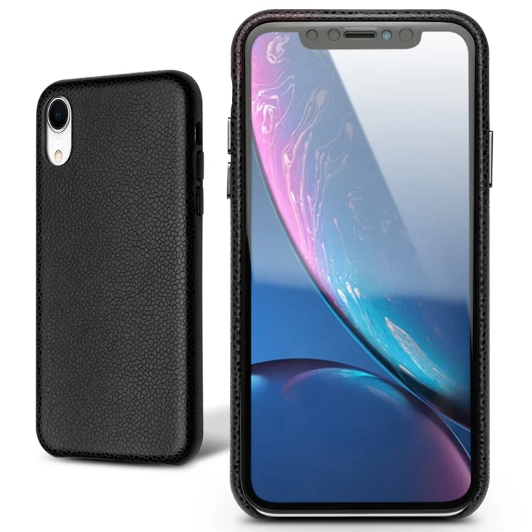 QIALINO Capa Traseira de Pele de Bezerro Genuína com Textura Clássica de Lichia para iPhone XR 6.1 polegadas - Preta 