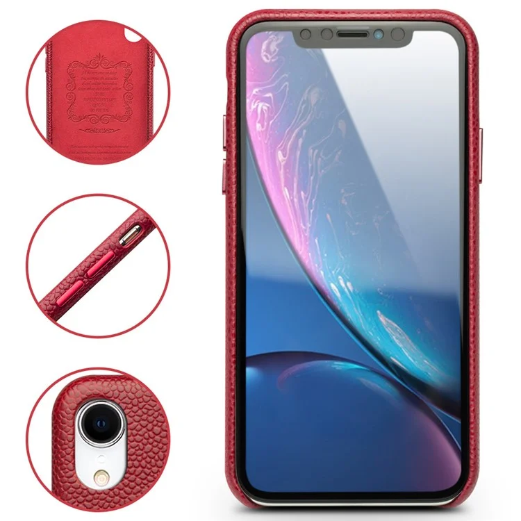 QIALINO Clássica Textura de Litchi Couro de Bezerro Genuíno Revestido de PC Capa Traseira para iPhone XR 6.1 polegadas - Vermelho 