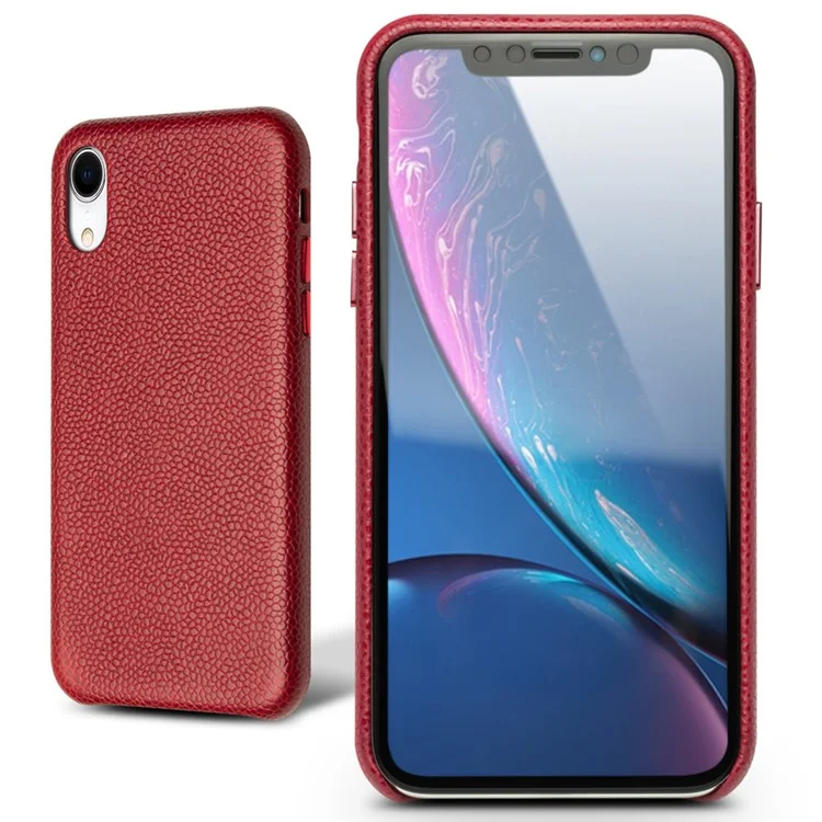 QIALINO Clássica Textura de Litchi Couro de Bezerro Genuíno Revestido de PC Capa Traseira para iPhone XR 6.1 polegadas - Vermelho 