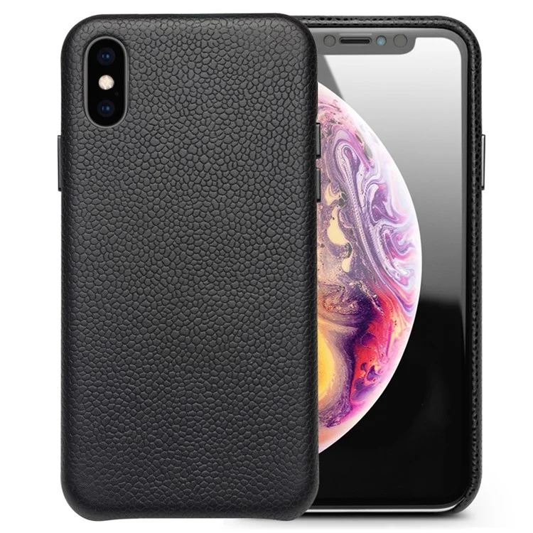 QIALINO Classic Litchi Texture Calf Cas De Cuir Véritable Coated Coated PC Retour Pour IPhone XS Max 6,5 Pouces - Noir