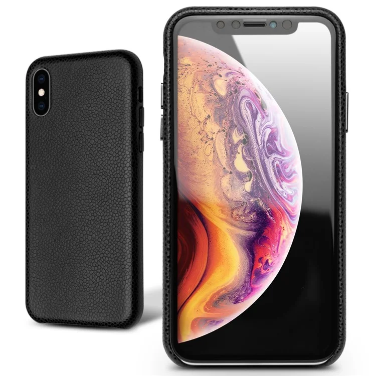 QIALINO Classic Litchi Texture Calf Cas De Cuir Véritable Coated Coated PC Retour Pour IPhone XS Max 6,5 Pouces - Noir