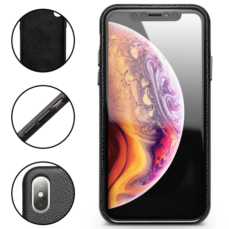 QIALINO Classic Litchi Texture Calf Cas De Cuir Véritable Coated Coated PC Retour Pour IPhone XS Max 6,5 Pouces - Noir